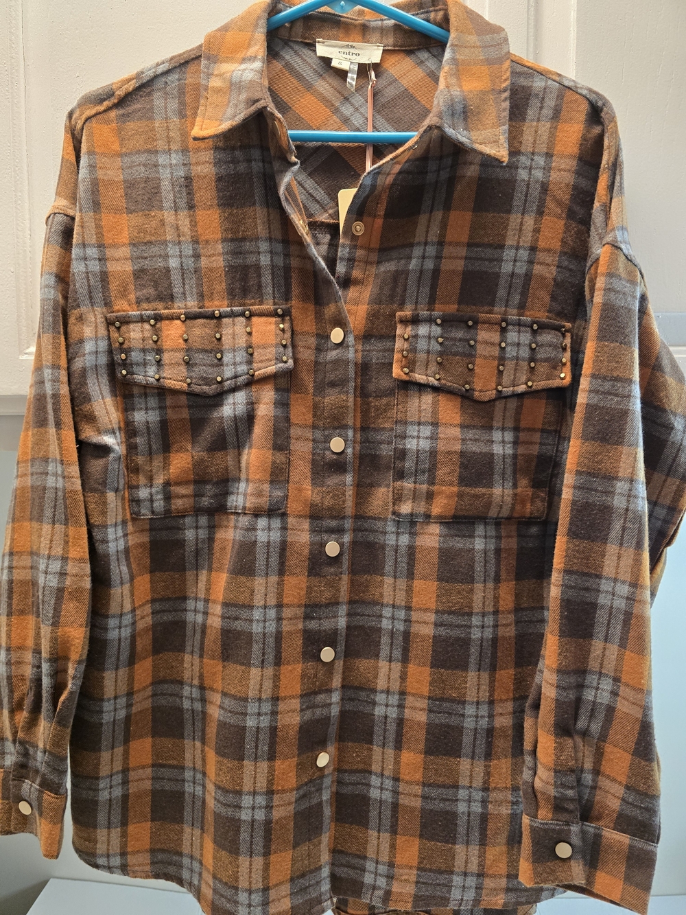 entro Orange and Gray Plaid Stud-Detail Button-Down Shirt
